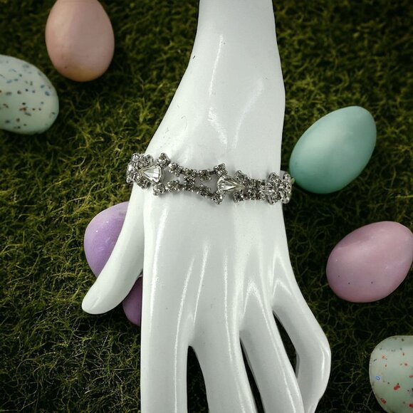 Geometric Clear Rhinestones Filigree Tennis Bracelet over Silver Plated - Picture 2 of 7